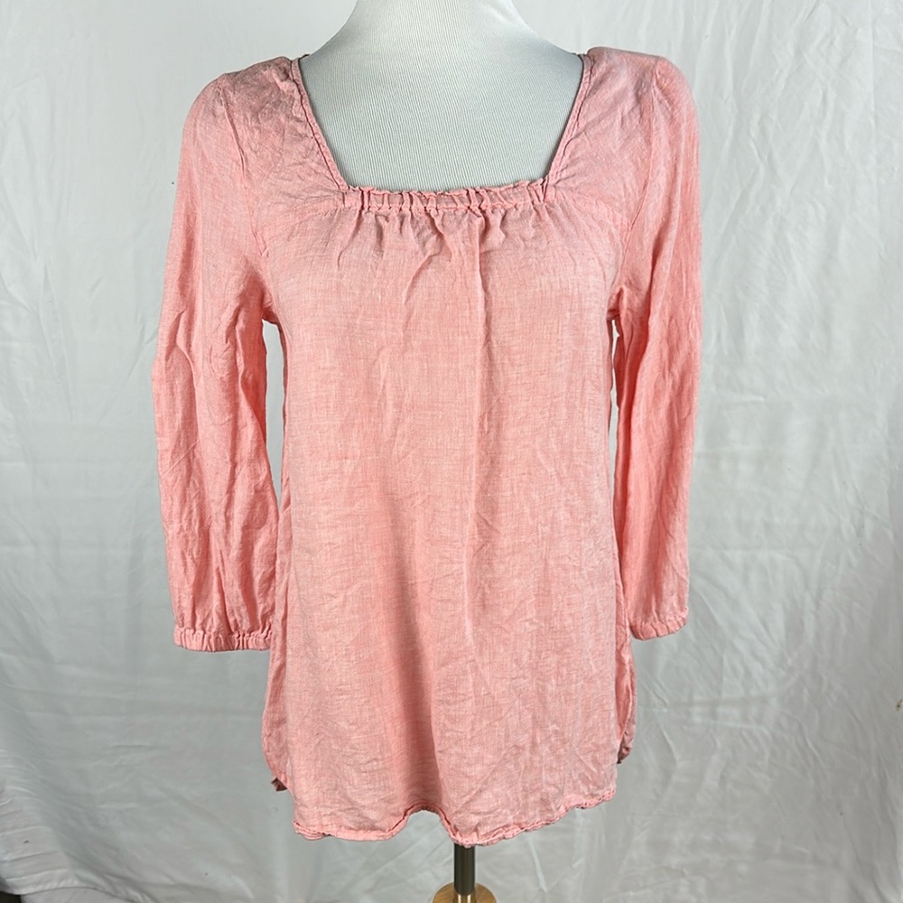 Nearly New Lands’ End Peach 3/4 Sleeve Square Neck Linen Tunic